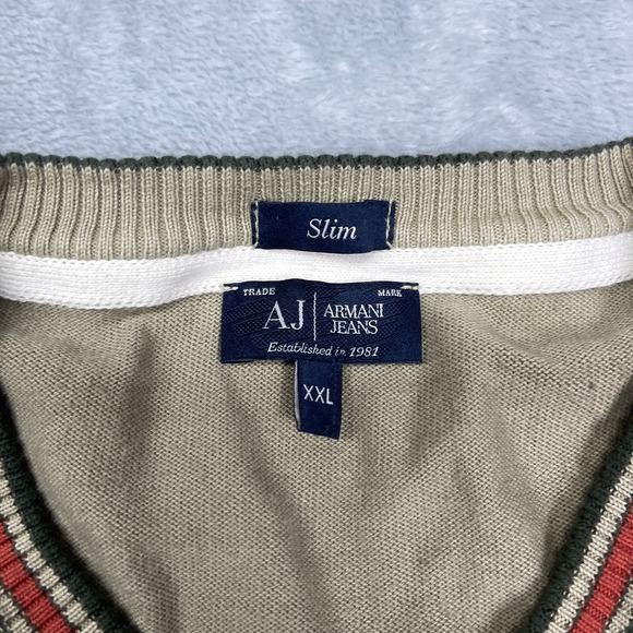 Armani Jeans Knitted Sweater Mens XXL Tan Slim Fit Long Sleeve V-Neck Pullover - Picture 5 of 6